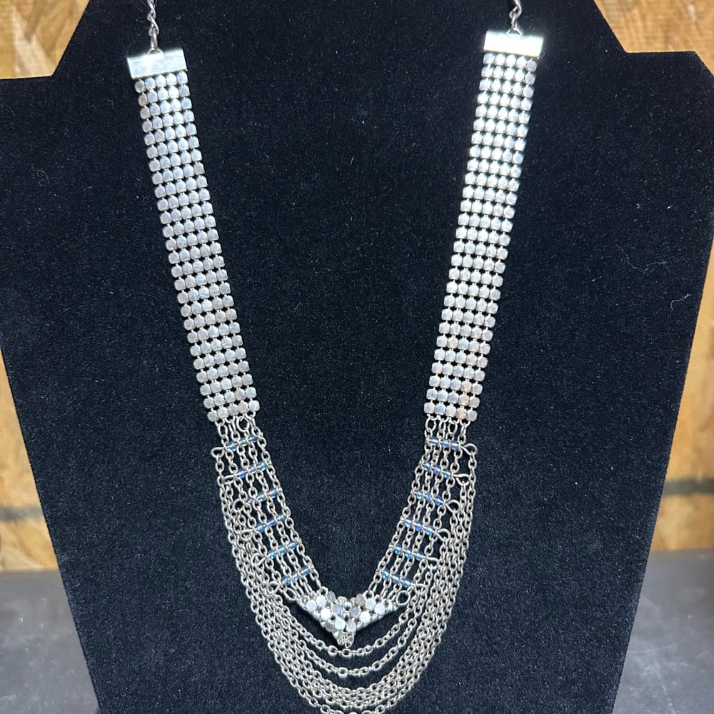 Silver Tone Multi Strand Layered Statement Necklace Mesh Chain Blue Bead Accents